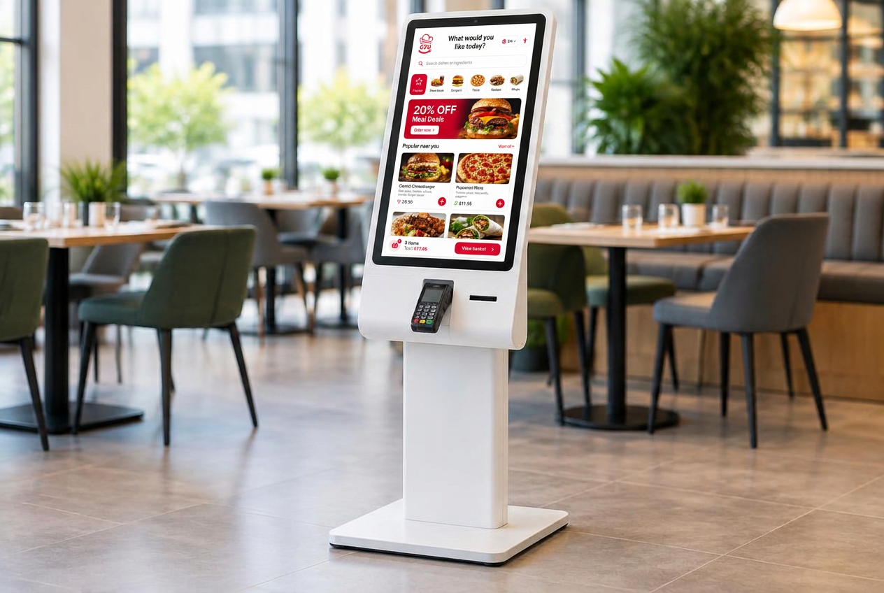 A floor-standing self-service kiosk showing the OTO ordering screen on its touchscreen