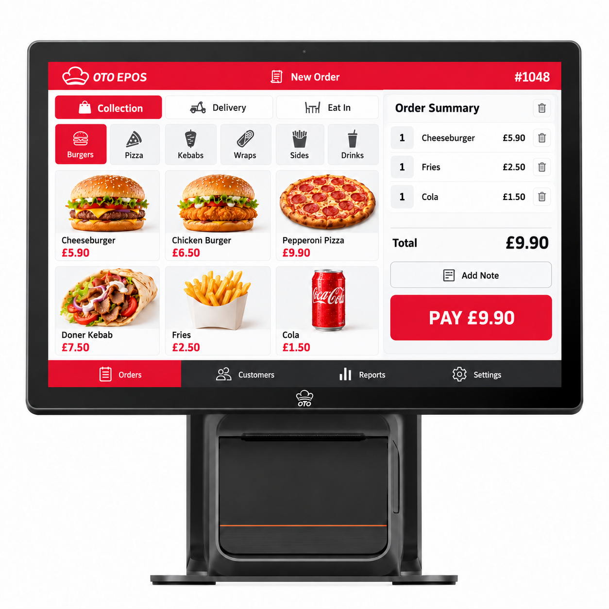 OTO EPOS terminal from the front, showing the ordering screen and the receipt printer built into the base