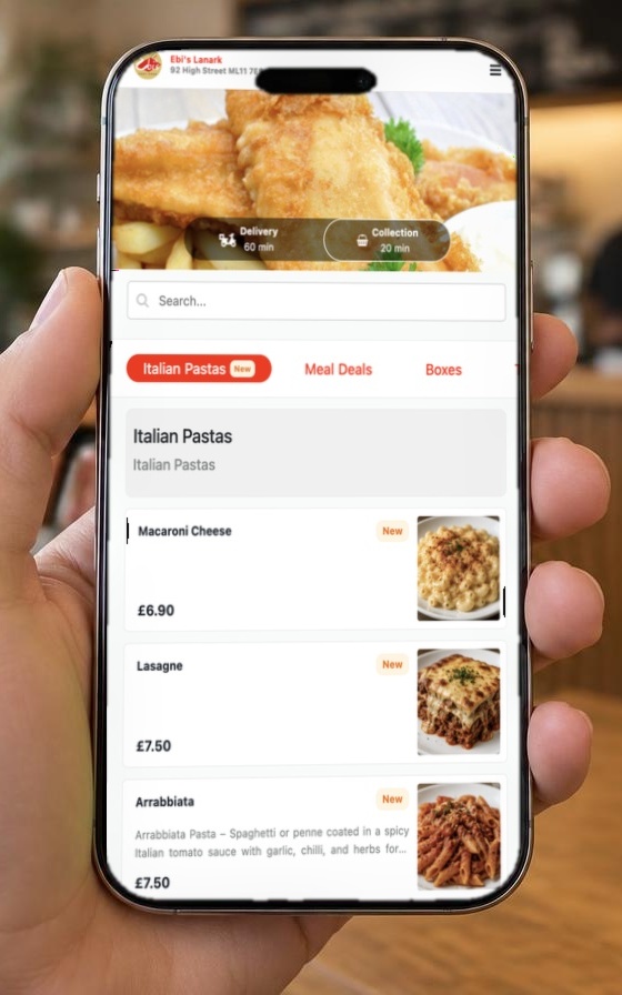 A customer's hand holding a smartphone showing an OTO-powered ordering page with menu items and prices in a café
