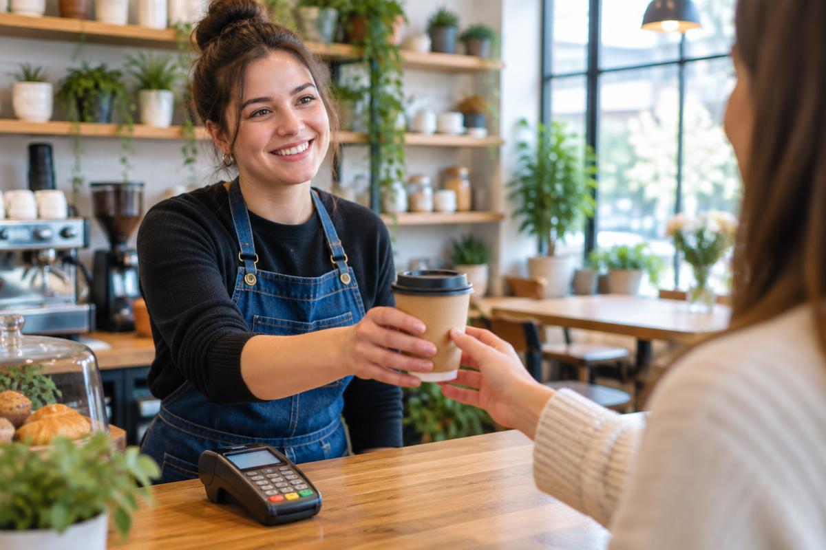 A barista handing a coffee to a customer across a café counter