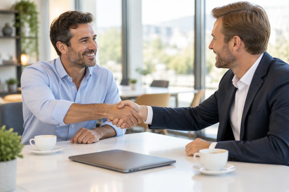 Two business people shaking hands across a meeting table in a bright office