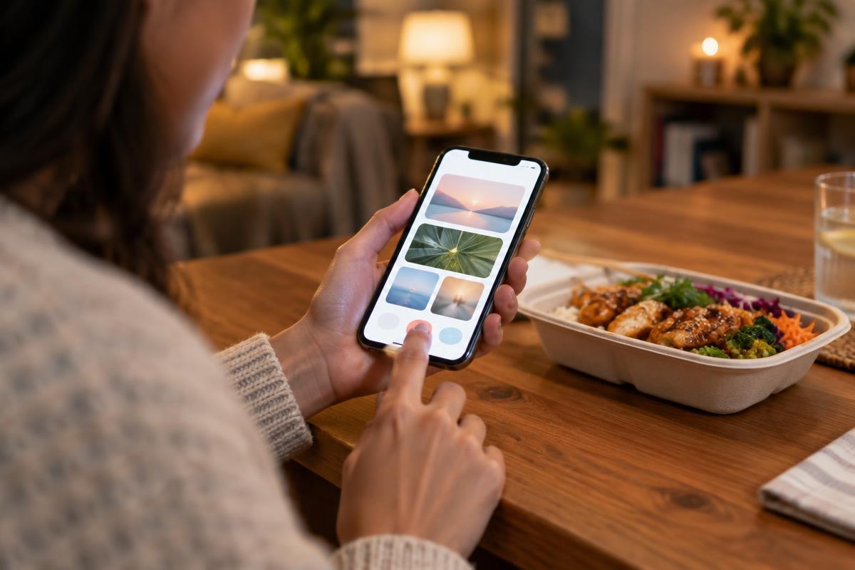 A customer at a kitchen table ordering takeaway on a smartphone, a meal on the table beside them