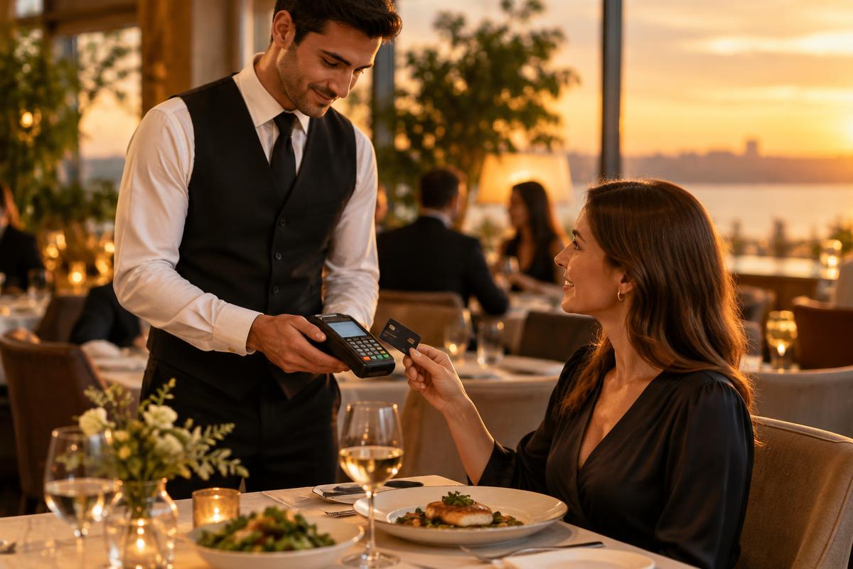 A waiter taking payment from a seated guest in a restaurant dining room