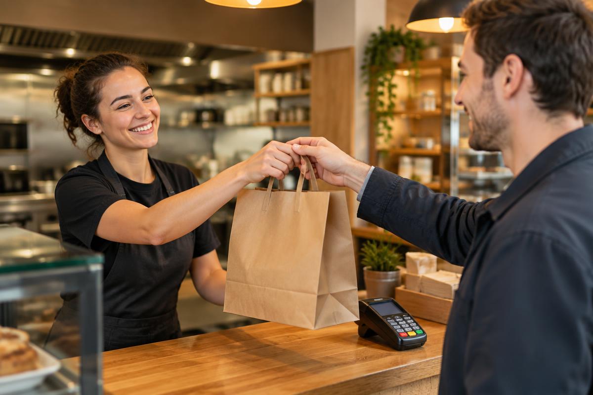 A staff member passing a filled takeaway bag to a customer at the counter