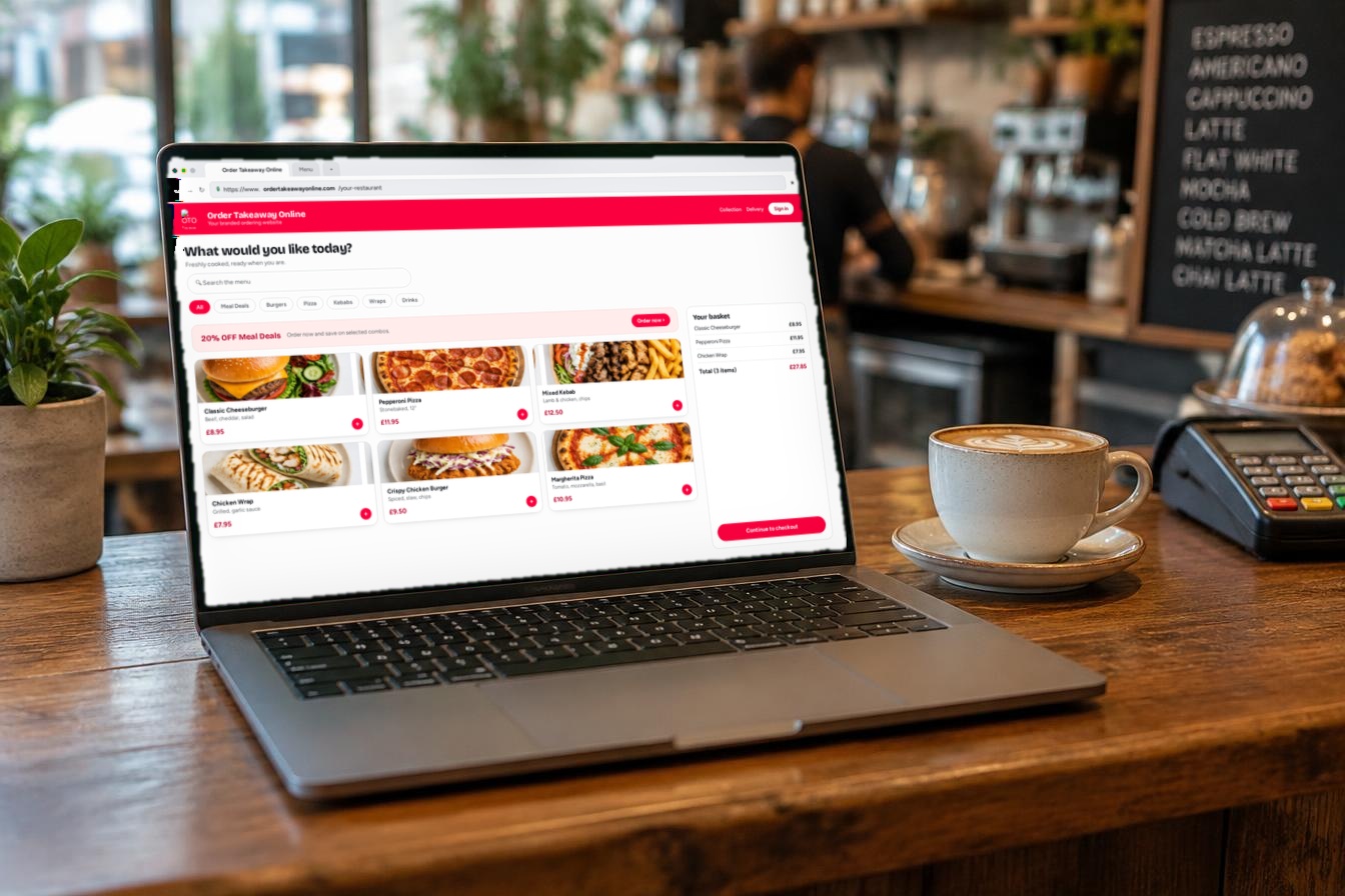 An OTO ordering website open in a web browser on a laptop screen, showing menu categories, dishes and a basket total